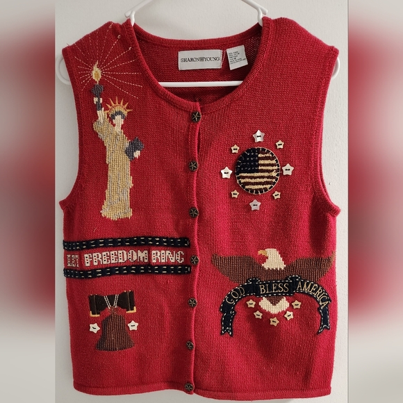 Sharon Young Sweaters - Sharon Young Red Knit Vest with Patriotic Motifs, Size M